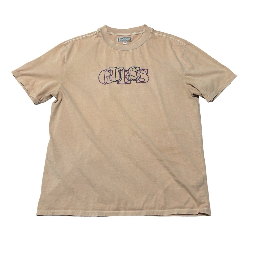 Vintage Guess Originals Men's Embroidered Stacked‎ Logo T Shirt Orange M 22 x 29